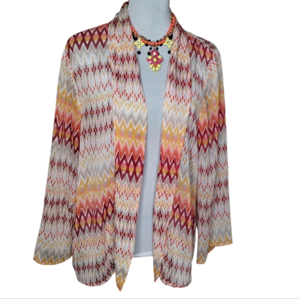Chico's Vibrant Zigzag Sheer Cardigan in Red and Yellow Size 2-Large